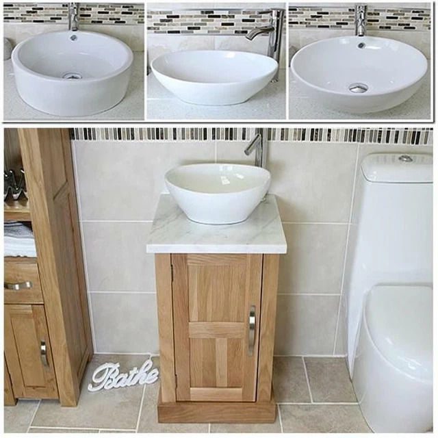 Cloakroom Bathroom Vanity unit oak Wash Stand White Marble Ceramic Basin 309