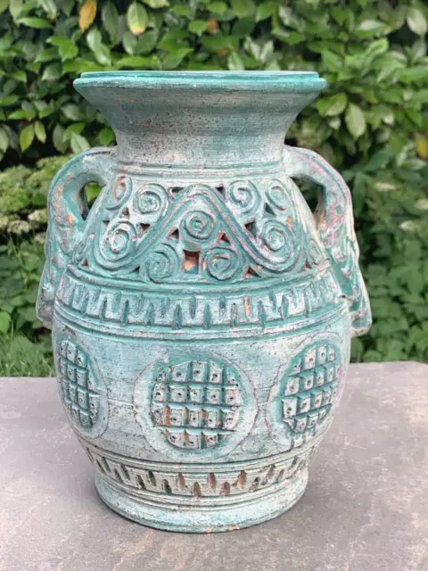 Old Rustic Antique Asian Clay Vase Flat Bluish Green Wash Glaze Pierced Vessel