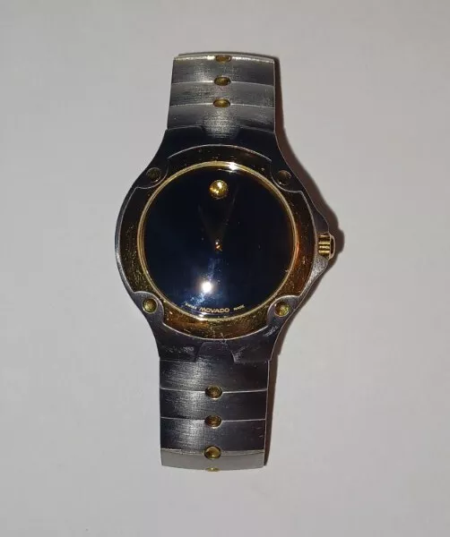 MOVADO Museum 81 G1 1892 Men's used watch quartz black dial gold silver 6.75". 6