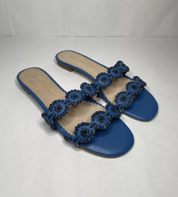 Jack Rodgers Mini Lauren Floral Leather Blue Slides Sandals Women’s