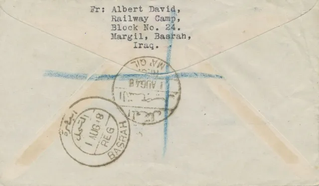 1948 IRAQ KING FAISAL II 3F+60F Registered Airmail Cover from Railway Camp 2