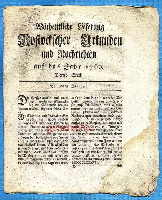 Mecklenburg, Rostocksche Zeitung, Urkunden und Nachrichten, 4. Stück, um 1760 !