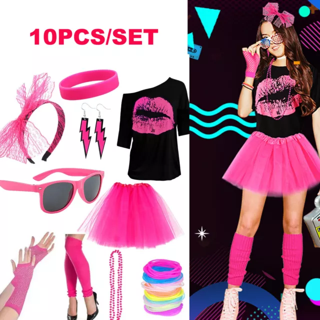 80s Costume Accessories Set T-Shirt Tutu Headband Earring Necklace Leg Warmers