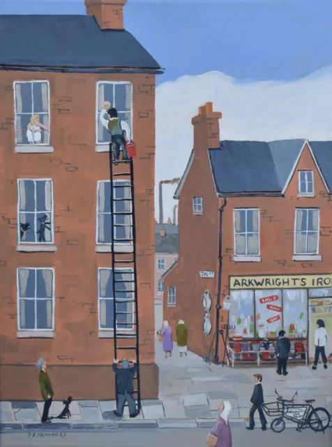 Wonderful Peter J Norman Original Oil Painting The Window Cleaner Northern Art