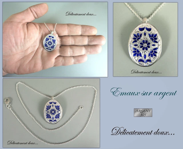 Collier Argent 925 Ovale – Émaux Blancs – Doux Et Délicat – Neuf Avec étiquette