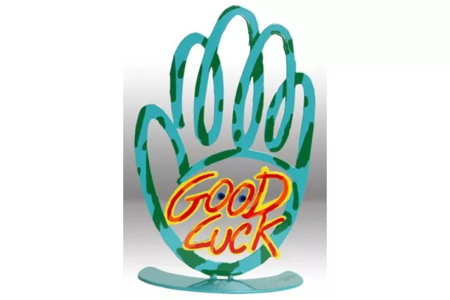 Escultura de metal de David Gerstein Object Pop Art Hamsa BUENA SUERTE