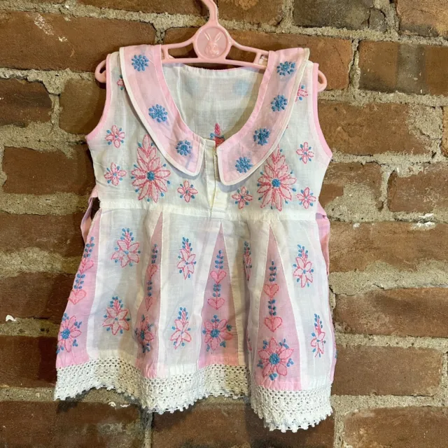 VTG 50s Handmade Embroidered Baby Dress Pink & White