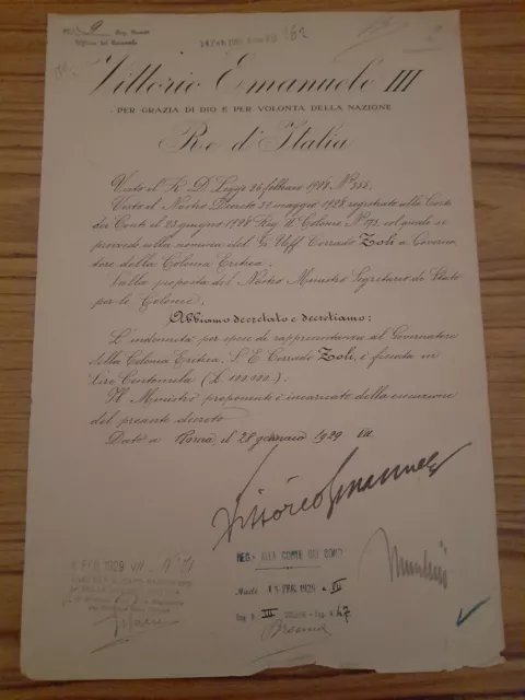 AUTOGRAFO MUSSOLINI VITTORIO EMANUELE DECRETO GOVERNATORE ERITREA COLONIE arditi AUTOGRAFO MUSSOLINI VITTORIO EMANUELE DECRETO GOVERNATORE ERITREA COLONIE arditi