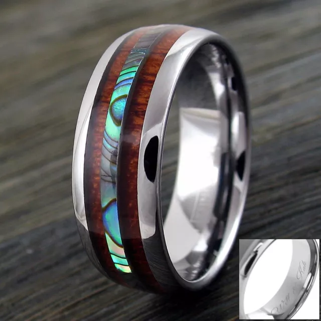 6/8mm Tungsten Men's Hawaiian Koa Wood & Abalone Wedding Band Ring-Engraving TW