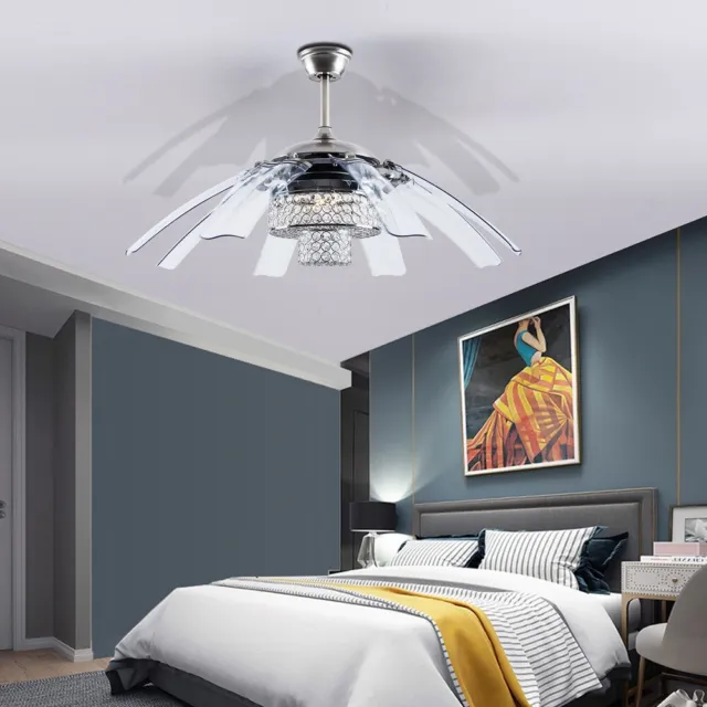 48" Modern Invisible Ceiling Fan Light Chandelier 3 Speed w/ Retractable Blades