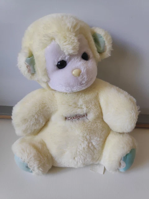 Peluche doudou singe jaune blanc vert Boulgom pouet 22 cm vintage + cadeau
