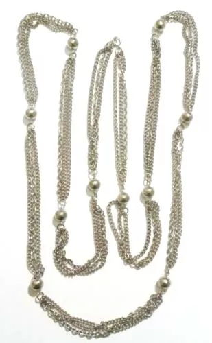 Grand collier sautoir déco perle chainette bijou vintage couleur argent * 3474