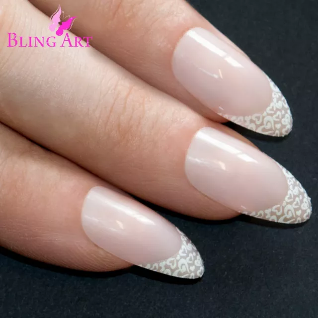 False Nails White Hearts Almond Stiletto Long Bling Art Fake Tips with 2g Glue