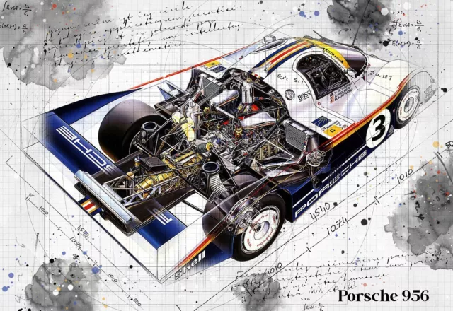 Line Tech Drawing   Porsche 956    Auto Car Classic Cutaway Art Poster Print