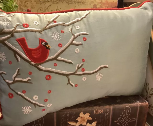 PILLOW PERFECT~Rectangle Pillow~17 X 10~Red Bird/Branches/Snow On Blue~FREE SHIP 2