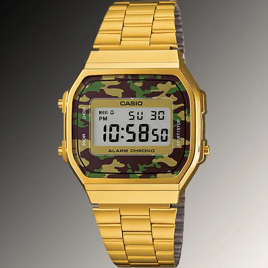 Casio A168WEGC-3 Men's Gold Stainless Steel Camouflage Watch Digital Alarm