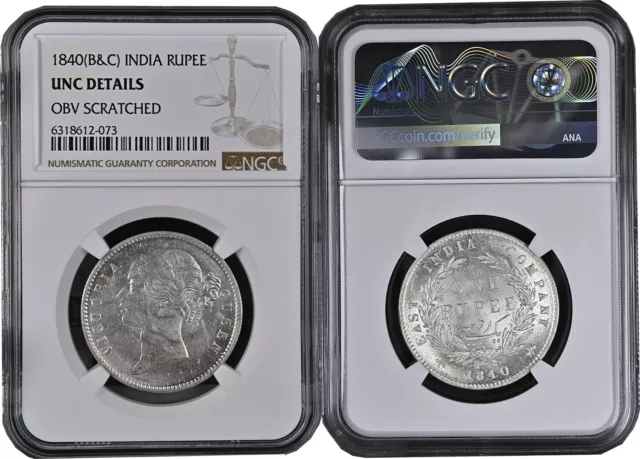 EIC Victoria Queen 1840 AD Divided legend B&C Silver Rupee NGC Graded UNC Detail