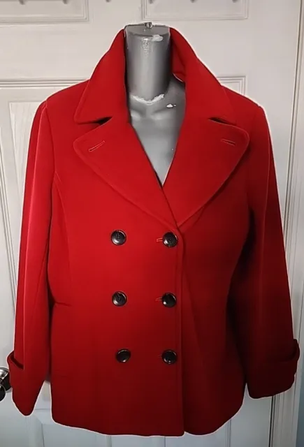 Womans Lands End red wool blend lined pockets double breasted pea coat 14