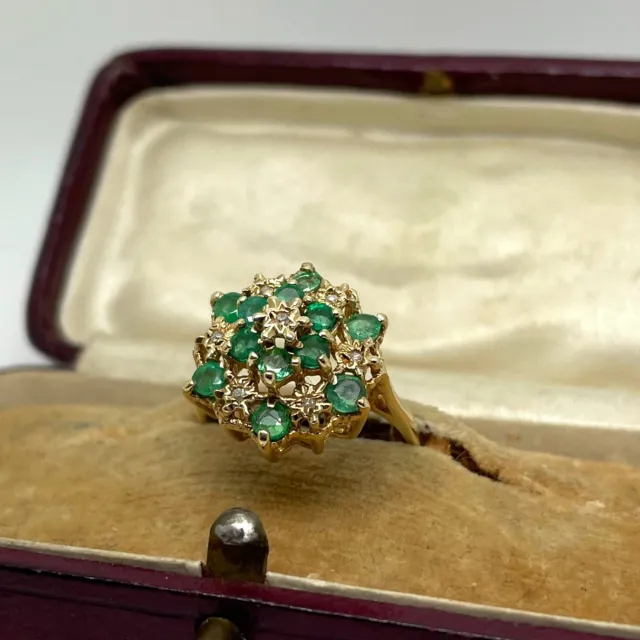 9ct Gold Emerald Ring Size M 9ct Yellow Gold Hallmarked 1989 Emerald and Diamond