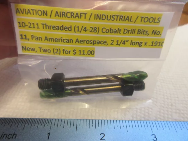 (2) 10-211 Threaded (1/4-28) COBALT DRILL BITS No. 11 Pan American Aerospace
