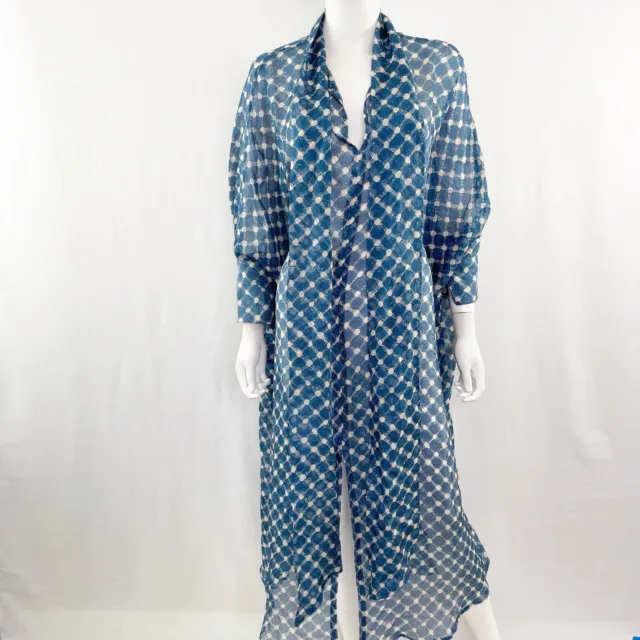 Julie Harrah JH Blue Geometric Print Silk Tie Neck Kaftan Maxi Dress One Size