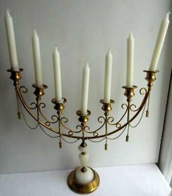 chandelier à 7 bougeoirs et chaînettes, laiton doré, pied albâtre, Napoléon III