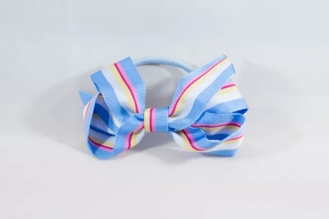 Unit of 10 Medium 3 Inch Sky Blue/White/Pink Stripe Hair Bow elastic Grosgrain