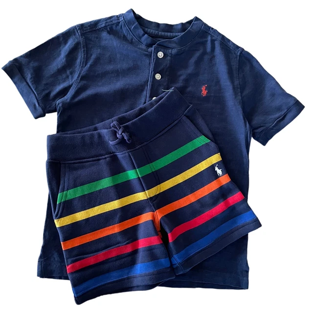 T-shirt polo ex Ralph Lauren ragazzi henley righe marina confezione da 2 pantaloncini set età 6