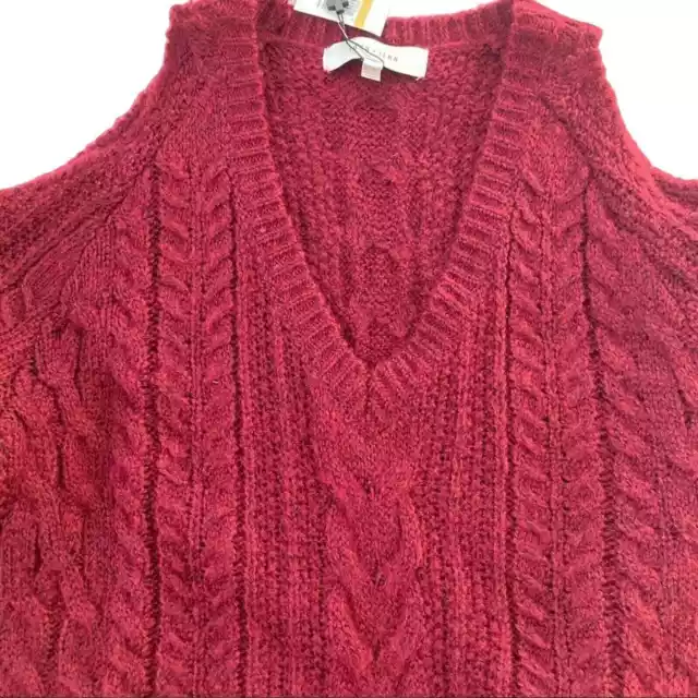 NEW John + Jenn Cold Shoulder Cable Knit Sweater Red Size Petite Small 3