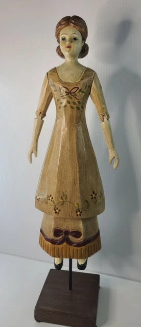Foreside Carved Wood Brunette Woman Girl Doll Figurine Pole Stand Jointed Arms
