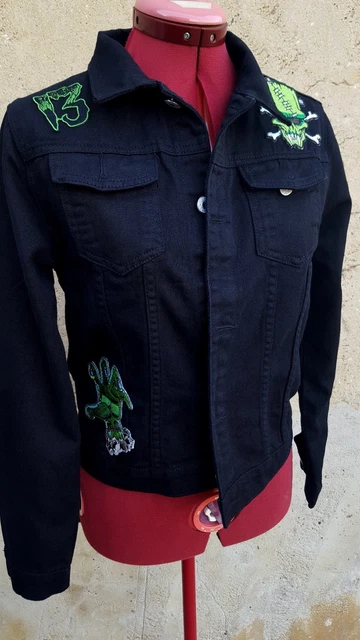 Veste En Jean Denim Style Psychobilly/punk - Imprimé Léopard Et Tartan - Taille 36 - Neuf Avec étiquettes