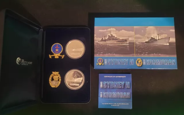 2008 Hmas Sydney Ii Hsk-8 Kormoran Silver Proof Coin, Medallion & Badge Set