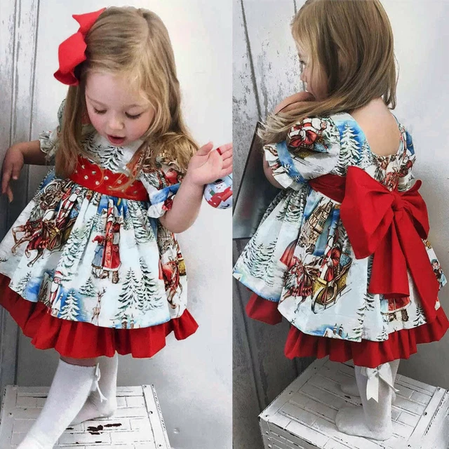 Toddler Kids Baby Girls Christmas Dress Short Sleeve Cartoon Xmas Santa Dress