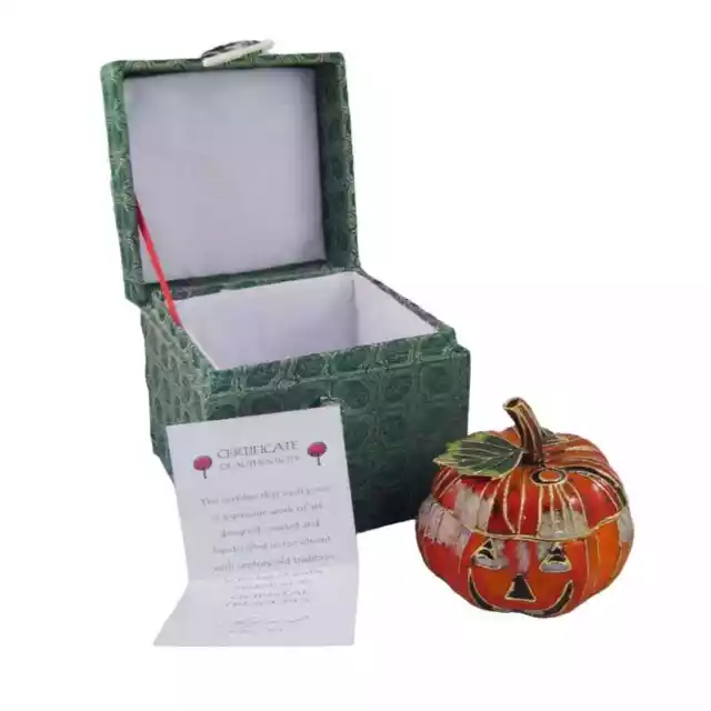 Ornate New Cloisonne Halloween Autumn Pumpkin Trinket Box with C.O.A