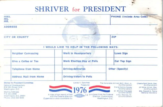 Peace Corps Presidential Candidate Sargent Shriver Photocard -T-70