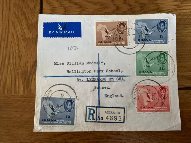 Ghana 1957 Registered Letter to England + Set Of Independence Stamps + Accra CDS