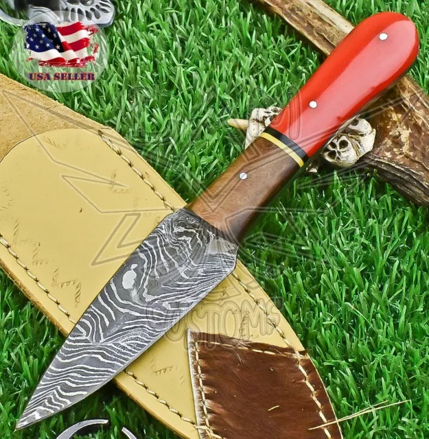 Hand Forged Skinner Knife Damascus Corain Wooden Bolster Hiking Unique