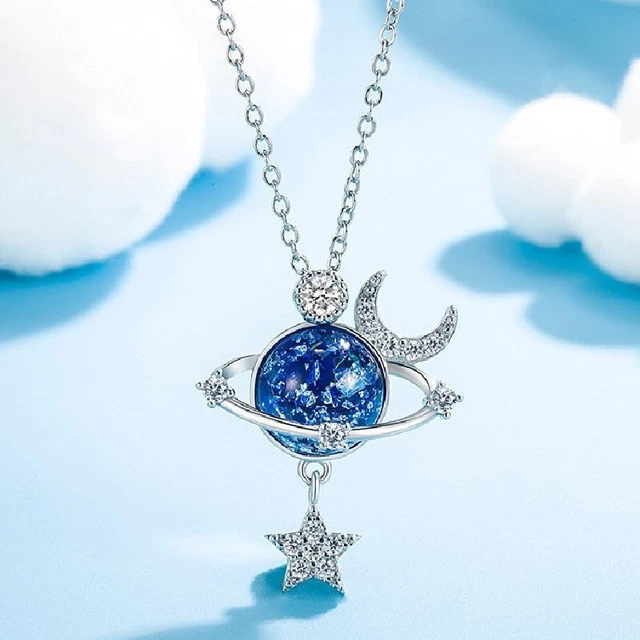 925 Sliver Planet Star Moon Zircon Pendant Necklace Choker Charm Women Jewelry