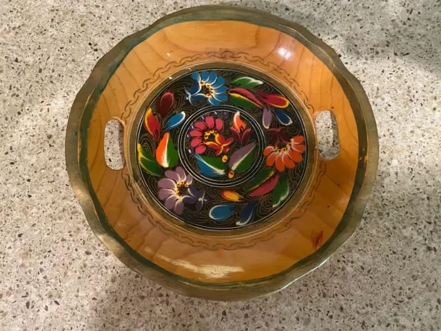 Vintage Hand Painted Colorful Floral Decorative Wooden Bowl Platter Serving Tray