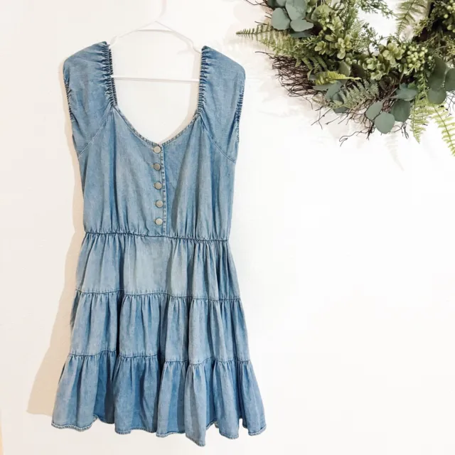 Moda International Blue Denim Cottage-core Dress Womens 6 Tiered Off The Shoulde