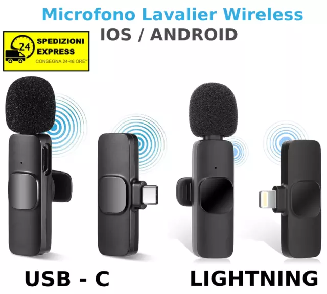 Microfono Lavalier Wireless Bluetooth Senza Fili Iphone Android Usb C Lightning