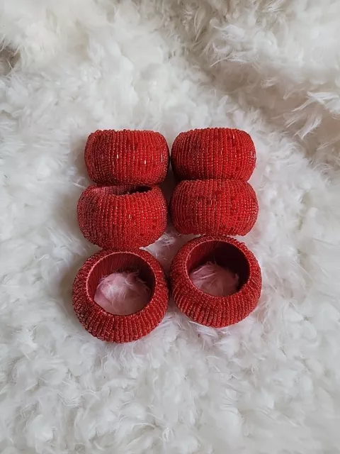 Set Of 6 Beaded Red Christmas Holiday Napkin Rings Holders