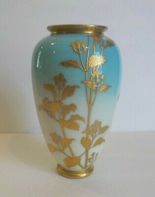Thomas Webb English Art Glass 8.25" Vase, JULES BARBE Gilt Decoration