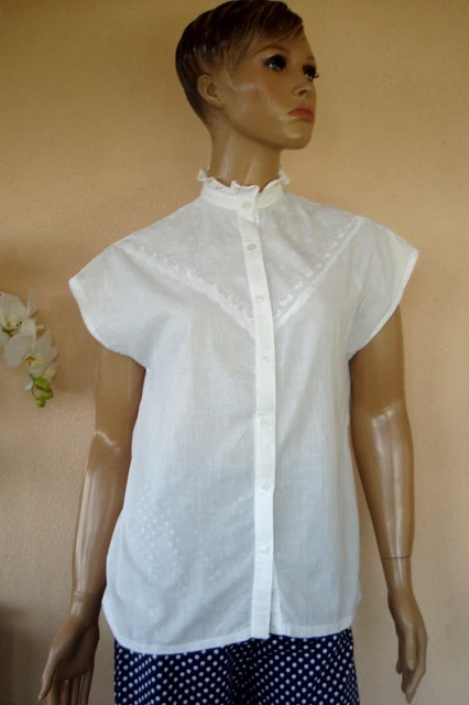 Top Tunique Blouse Femme En Coton/Lin Blanc Argenté - Dos Dentelle Noué - Taille 40/42 (3) - Made In Italy