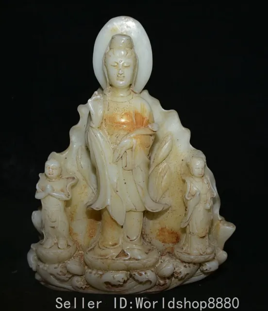 10.8" Ancient China White Jade Carved Kwan-yin Guan Yin Goddess 2 Tongzi Statue