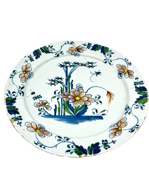 Rare 18th Century Antique English Delft 3 Color Floral Faience Ceramic Charger