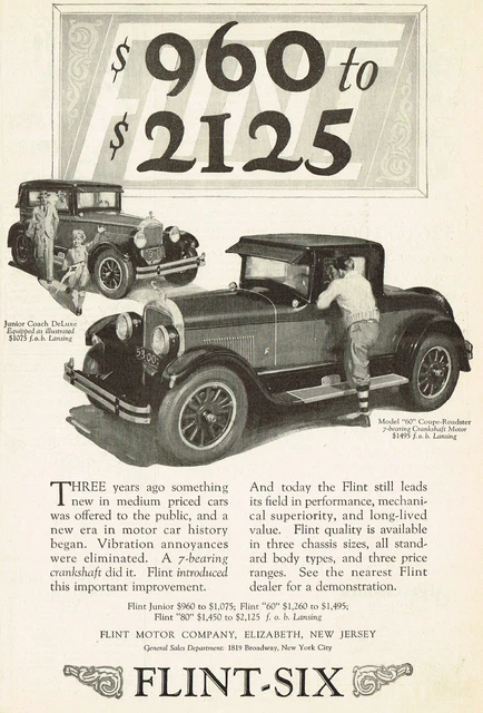 1926 Vintage Flint Motor New Jersey Six Coach Coupe Roadster Car Art Print Ad