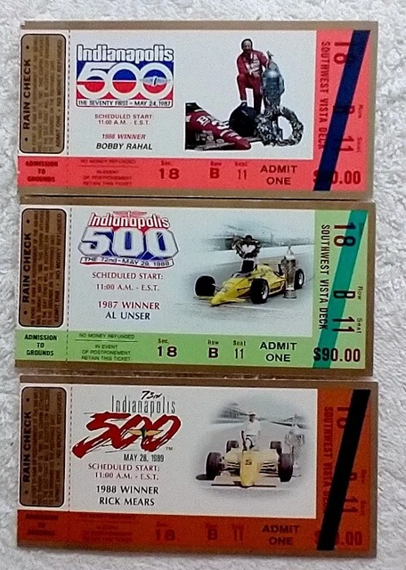 INDY 500 TICKET Stubs • 1987-89 • RAHAL • AL UNSER, Sr. • MEARS