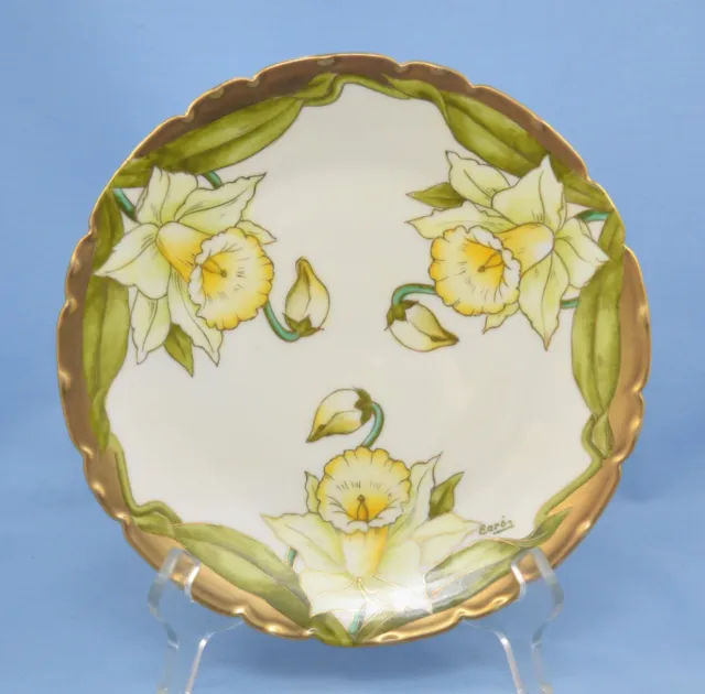 Antique P.t. Bavaria Germany Hand Plate Daffodil Floral Gold Art Nouveau