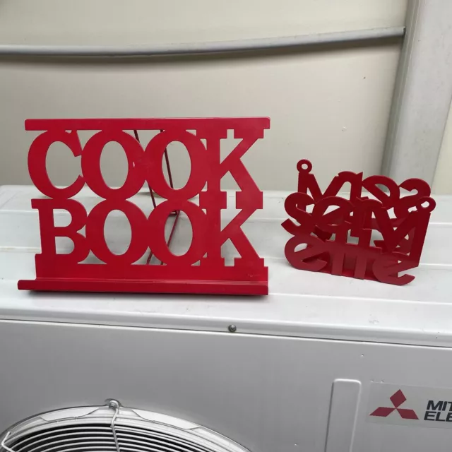 Contemporary Cookbook Stand W Matching Servieete Holder Red Metal Stunning